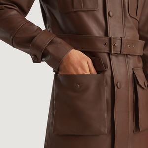 <b>Men</b> Fashion Style <b>Jackets</b> Professional Design <b>Men</b> <b>Brown</b> Genuine <b>Leather</b> <b>Jacket</b> Long Coat With Stand Collar And Belt Windproof - Product Image 4