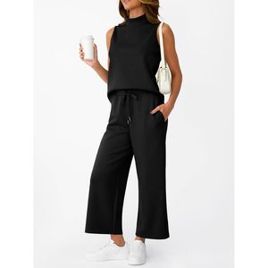 Women's XS Size 2-Piece <b>Mock</b> <b>Neck</b> Summer Tracksuit Set Sleeveless Tank <b>Top</b> & Wide Leg Crop Pant Matching Design 2027 - Product Image 2