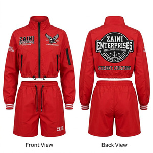 Women <b>Crop</b> <b>Top</b> Windbreaker Short Set Premium Quality Polyester 110 GSM <b>Red</b> Panelled Custom Logo Printed Sportswear Outfit Set - Product Image 1