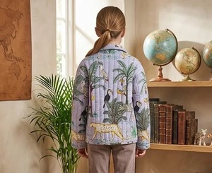 Veste matelassée réversible en coton pour filles, imprimé animal, poche avant tricotée, manches trois quarts, col rabattu - Product Image 5