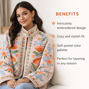 Cream Embroidered Bomber Jacket Orange Blue Floral Needle <b>Work</b> Coat <b>Stand</b> Collar Long Sleeves Women Casual Wear Masterpiece - Product Image 6