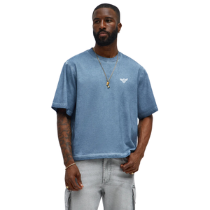 T-shirt décontracté pour homme en coton délavé bleu, coupe classique, manches courtes, col rond, style streetwear, 100 % coton, couleur unie, mode estivale, usage quotidien - Product Image 1