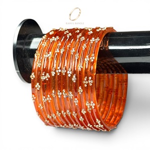 Wholesale Kashmiri Vibrant Orange Raindrop Glass <b>Bangles</b> Set Party Wear Trendy <b>Bracelet</b> Crystal Embellishment for Women - Product Image 1