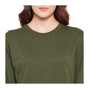 เสื้อสเวตเชิ้ตคอกลมสีเขียวมะกอกสำหรับผู้หญิง ผ้าถักเนื้อฝ้ายสีพื้น แขนยาว เหมาะสำหรับใส่ในฤดูใบไม้ร่วง รับผลิตแบบ ODM OEM - Product Image 6