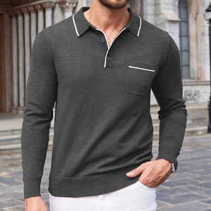 Men's Long Sleeve <b>Polo</b> <b>Shirt</b> Cotton Knitted Solid Color Casual Style <b>With</b> <b>Pocket</b> White Trim Collar 2027 - Product Image 2