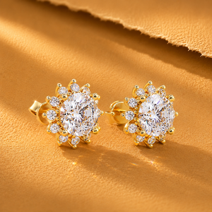 Solitaire Cluster Halo <b>Stud</b> <b>Earrings</b> 14K Gold Cut Lab Grown Diamond Rhodium Plated Floral Bridal DEF Color VVS Clarity <b>Fine</b> - Product Image 1