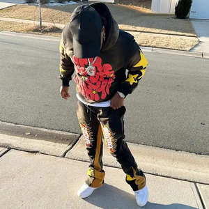 Custom 400gsm Winter Woven Vintage <b>Oversize</b> Distressed Rhinestone Acid Wash 100% Cotton Quick Dry Tracksuit Flared <b>Jogger</b> - Product Image 3