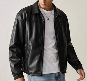 Veste décontractée unisexe noire aspect cuir vintage, col montant, coupe ajustée, logo uni sur le devant, vêtement d'extérieur pour l'hiver, service OEM - Product Image 5