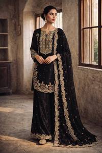 Ensemble Anarkali en soie micro-brodé noir à séchage rapide avec dupatta, tenue traditionnelle indienne et pakistanaise pour femme, coupe classique - Product Image 3
