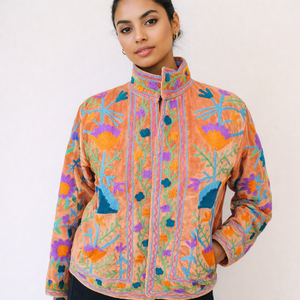 Veste réversible en velours et coton, motif floral vintage, broderie Suzani, textile du Rajasthan, écologique, manches longues, printemps - Product Image 1