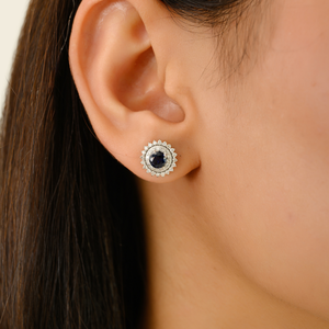 Nuevos y Elegantes Pendientes de Oro Blanco de 18K Originales con Zafiro Azul de 2mm y Diamantes en Forma Redonda, Doble Racimo, Regalo para el Día de la Madre - Product Image 2
