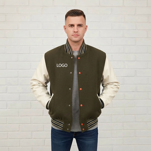Custom Made <b>Men's</b> Olive Green Varsity <b>Jacket</b> With Cream Sleeves And Red Buttons Front Logo Casual Autumn Wear - Product Image 3