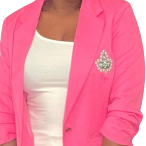 Blazer Rosa Sólido Tejido para Mujer, Elegante con Solapa Bordada, Manga Larga, Estilo Formal de Hermandad, Corte Entallado, Casual de Negocios - Product Image 5