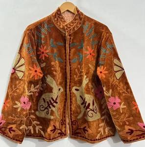 Wholesale Handmade Velvet Rabbit Embroidered Jacket <b>Women</b> Boho Winter Short <b>Coat</b> Cute Animal Floral Motif Vintage Ethnic Casual - Product Image 1