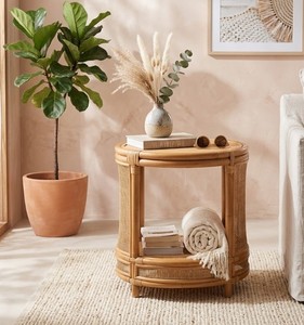 Natural Rattan <b>Side</b> <b>Table</b> with Woven Cane Panels, Round Top and Open Storage Shelf, <b>Rustic</b> Boho Accent <b>Table</b> for Home Use - Product Image 6