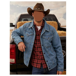 Mens <b>Flannel</b> Lined Denim <b>Jacket</b> Snap Cowboy Cut Western Classic Slim Fit Vintage Heavy Duty Trucker Coat Rugged Warm Stylish - Product Image 2
