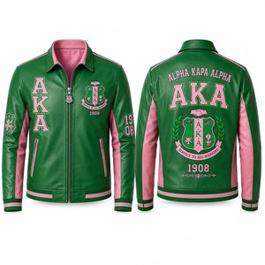 Chaqueta Bomber de Cuero Verde y Rosa Bordada con el Logotipo de Alpha Kapa Alpha AKA, Cierre de Cremallera, Casual para Hombre, Logotipo 1908 en la Parte Delantera y Trasera - Product Image 1
