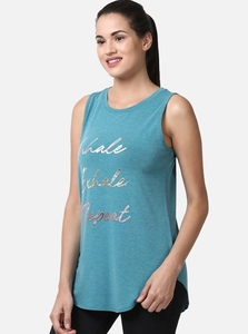 Débardeur sans manches pour femme, vert sarcelle, imprimé feuille d'aluminium « Inhale Exhale Repeat », vêtement de sport décontracté, respirant, en coton tricoté, avec logo frontal - Product Image 4