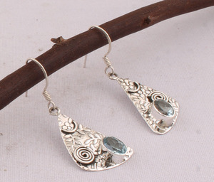 Handmade Antique Finish Blue Topaz Leaf Drop <b>Earrings</b> <b>Solid</b> 925 <b>Silver</b> Botanical Foliage Jewelry Wholesale Jaipur Artisan - Product Image 6