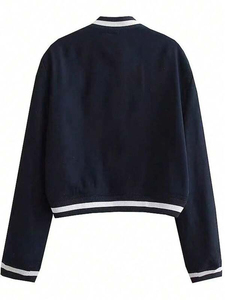 Veste universitaire bleu marine pour femme, manches longues, boutonnée, couleur unie, mélange coton et polyester, pour l'automne - Product Image 2