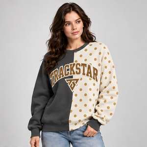 Women's Charcoal and Ivory Split Color Polka Dot Varsity <b>Crewneck</b> Sweatshirt Long Sleeve Ribbed Cuffs Pullover Wholesale - Product Image 4