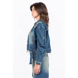 American Bazi Mujer Tamaño completo Desgastado Borde deshilachado Cremallera Chaqueta de mezclilla Abrigos de talla grande - Product Image 3