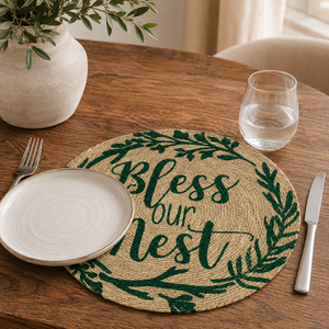 Round Natural Jute <b>Placemat</b> With Green Leaf Pattern Bless Our Nest Printed Home Decor <b>Table</b> Mat Classic Style Washable - Product Image 3