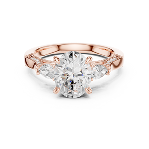 Bague de fiançailles vintage en or rose avec trois diamants ovales de laboratoire et serti milgrain pour femme - Product Image 2