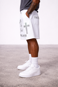 Servicio OEM al por mayor: Pantalones cortos de algodón para hombre con diseño de Jesús, lavado ácido y pedrería, personalizados, de marca privada, color blanco, nueva llegada. - Product Image 2