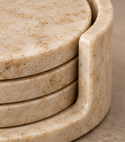Ensemble de 4 sous-verres en marbre naturel de qualité supérieure avec support assorti, couleur ivoire beige chaud, sous-verres ronds pour table