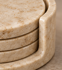 Ensemble de 4 sous-verres en marbre naturel de qualité supérieure avec support assorti, couleur ivoire beige chaud, sous-verres ronds pour table - Product Image 3