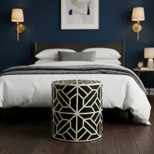 Mesa Auxiliar de Madera Hecha a Mano con Incrustaciones de Hueso, Patrón Geométrico, Mueble Decorativo para Sala de Estar o Dormitorio - Product Image 4