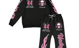 Conjunto de Sudadera con Capucha y Pantalones Largos Acampanados de Chándal para Mujer, Diseño Calavera y Llama, Negro y Rosa, Estilo Urbano, Transpirable, Poliéster, Otoño - Product Image 6