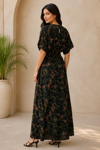 Floral Print Floor-Length Maxi <b>Dress</b> O-Neck Short Sleeve A-Line Loose Fit Boho Style Rayon Woven Eco-Friendly Breathable Casual - Product Image 5