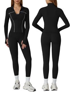 <b>Womens</b> workout sets Contrast Long Sleeve <b>Jacket</b> with Sports Bra and Butt-lifting Pants Yoga Outfits 3 Pieces Set - Product Image 4