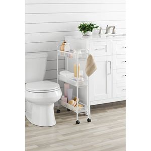 Chariot de rangement de salle de bain à 3 niveaux, fin et mobile, avec crochets, en métal blanc et fer - Product Image 2