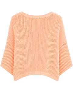 Suéter corto de punto oversize personalizado color melocotón para mujer, jersey holgado de punto calado con manga ancha acanalada, top informal de moda - Product Image 2