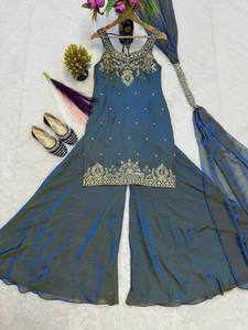Indian <b>Pakistani</b> Orange Silk Sharara Gharara Kurti Set Fabric Gorgeous Customize Ethnic Wear for Women <b>Eid</b> Ramzan Special - Product Image 3