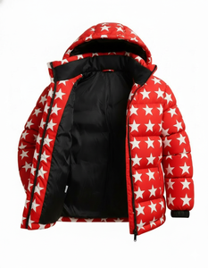 Blouson matelassé à capuche imprimé étoiles rouges pour homme – Manteau d'hiver chaud style streetwear – Vêtements d'extérieur personnalisés en gros - Product Image 3