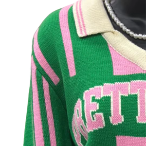 Suéter de Punto Verde y Rosa para Mujer, Estilo Preppy, Manga Larga, Cuello Camisero, Bordado, Diseño Premium, 100% Acrílico - Product Image 5