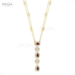 Collier Lariat Tendance en Or Massif 14 carats avec Grenat et Diamant Naturels Sertis à Griffes 5x3mm, Fait Main, Longue Chaîne pour Femme - Product Image 1