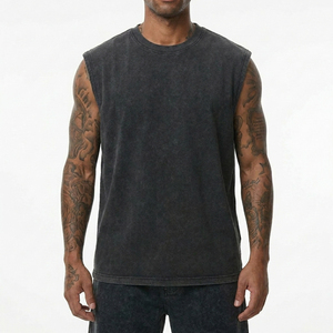 Premium Breathable Knitted Acid Wash Oversized Tank <b>Top</b> with Embroidery | Vintage Charcoal Black Casual Streetwear Gym Tee - Product Image 1