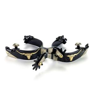 Éperons de spectacle western en acier noir avec emblème Longhorn doré - Product Image 6