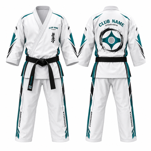 Club Name Kyokushin Karate Gi <b>White</b> Teal Geometric Print Heat-Transfer V-Neck Short Sleeve Moisture Wicking 420g Adult Unisex - Product Image 1