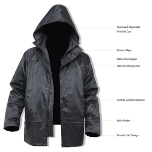 Combinaison de pluie en PU noire en deux pièces, veste et pantalon imperméables avec capuche - Product Image 5