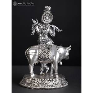 Superfino Murli Manohar Krishna vaca plateado latón estatua elegante escultura - Product Image 4
