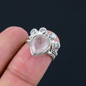 Anillo de Plata de Ley 925 con Cuarzo Rosa en Forma de Pera, Gema Natural, Joyería, Piedra de Nacimiento de Enero, Regalo de Boda para el Día de San Valentín - Product Image 6