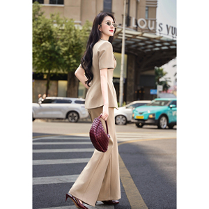 Ensemble pantalon et haut élégant beige uni pour femme, avec boutons, style peplum, pour le bureau, pantalon évasé en spandex, 2 pièces, PANSY - Product Image 3