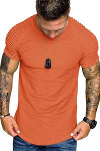 เสื้อยืดแขนสั้นผู้ชายสีส้มลำลองทรงปกติผ้าถักลาย 3 มิติ สไตล์มอเตอร์ไซค์และไบค์เกอร์ คอวี ผ้าโพลีเอสเตอร์/คอตตอน สำหรับใส่ในฤดูใบไม้ผลิ - Product Image 2