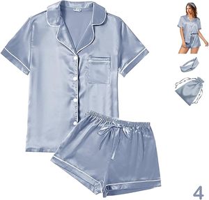 Conjunto de Pijamas de Satén para Mujer, Manga Corta, Cierre de Botones, Color Blanco Sólido, Estilo Clásico, 4 Piezas, Ropa de Dormir para Verano - Product Image 5